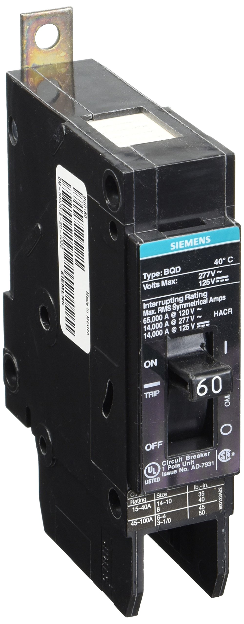 Siemens BQD160 60-Amp Single Pole 277V AC / 125V DC 14KAIC Bolt in
